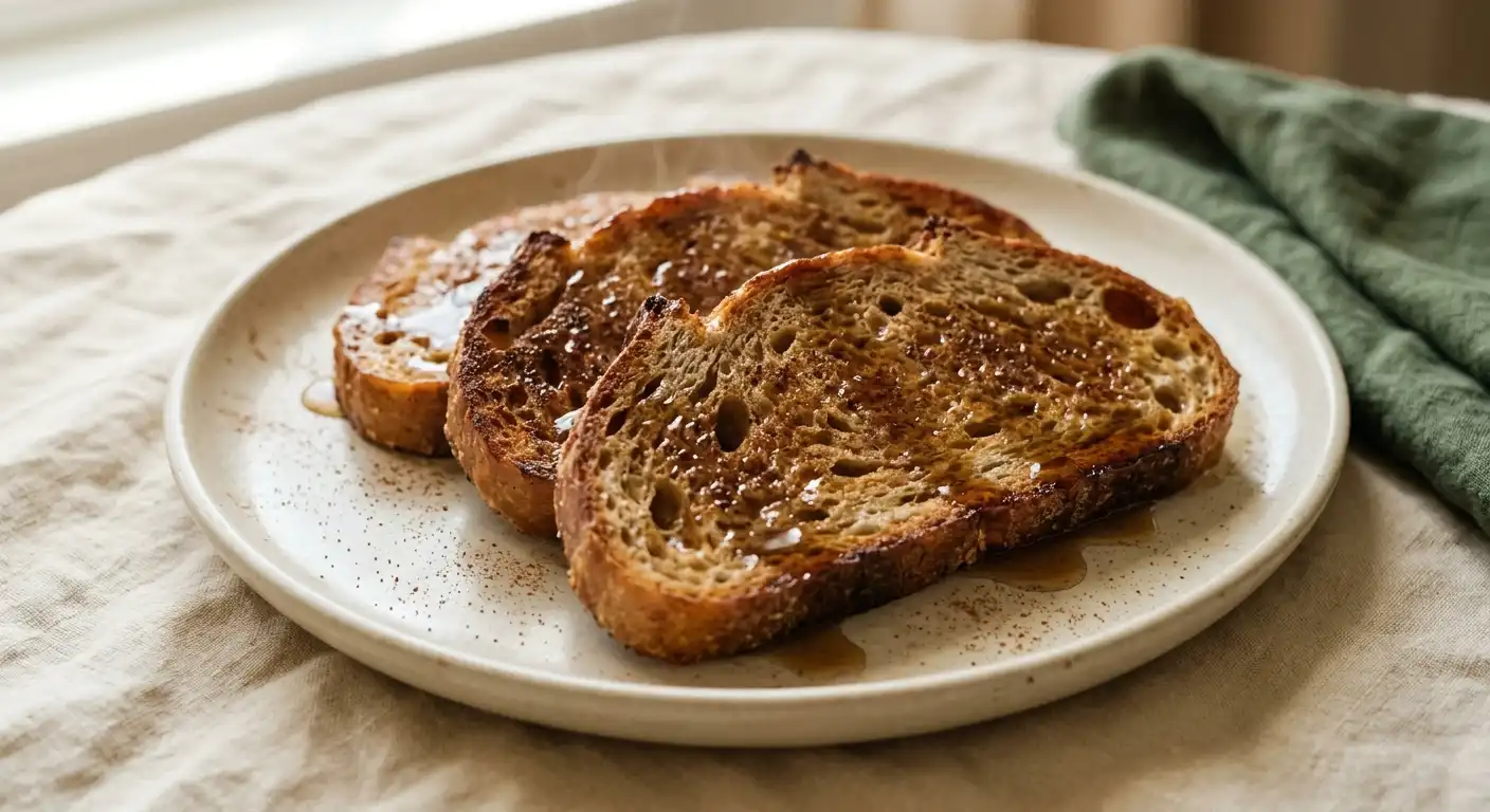 Three slices of high protein French toast made with Greek yogurt custard on a cream plate with maple syrup