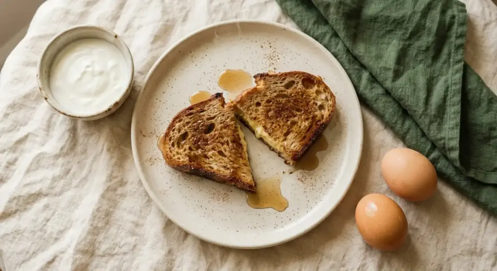 Cut slice of Greek yogurt French toast showing the custardy interior, beside a bowl of Greek yogurt and two eggs