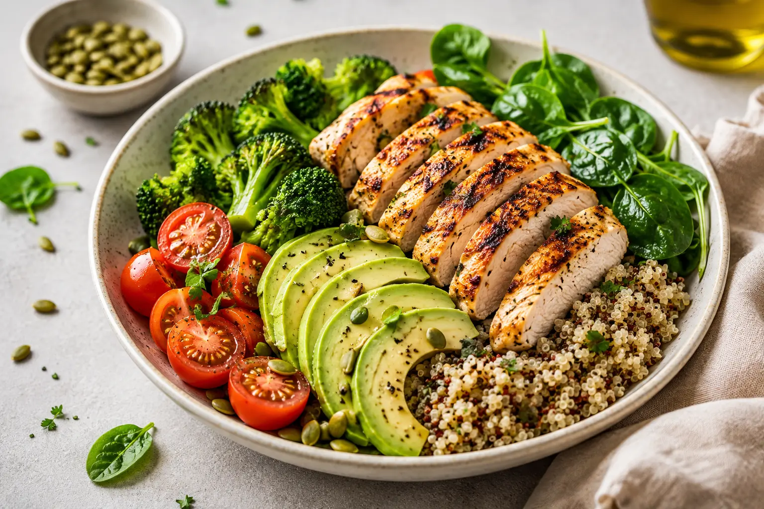 High protein bowl with grilled chicken, quinoa, avocado, broccoli and tomatoes