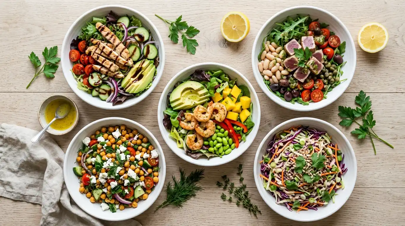 Five high protein salads in white bowls with chicken, tuna, shrimp, chickpeas and slaw
