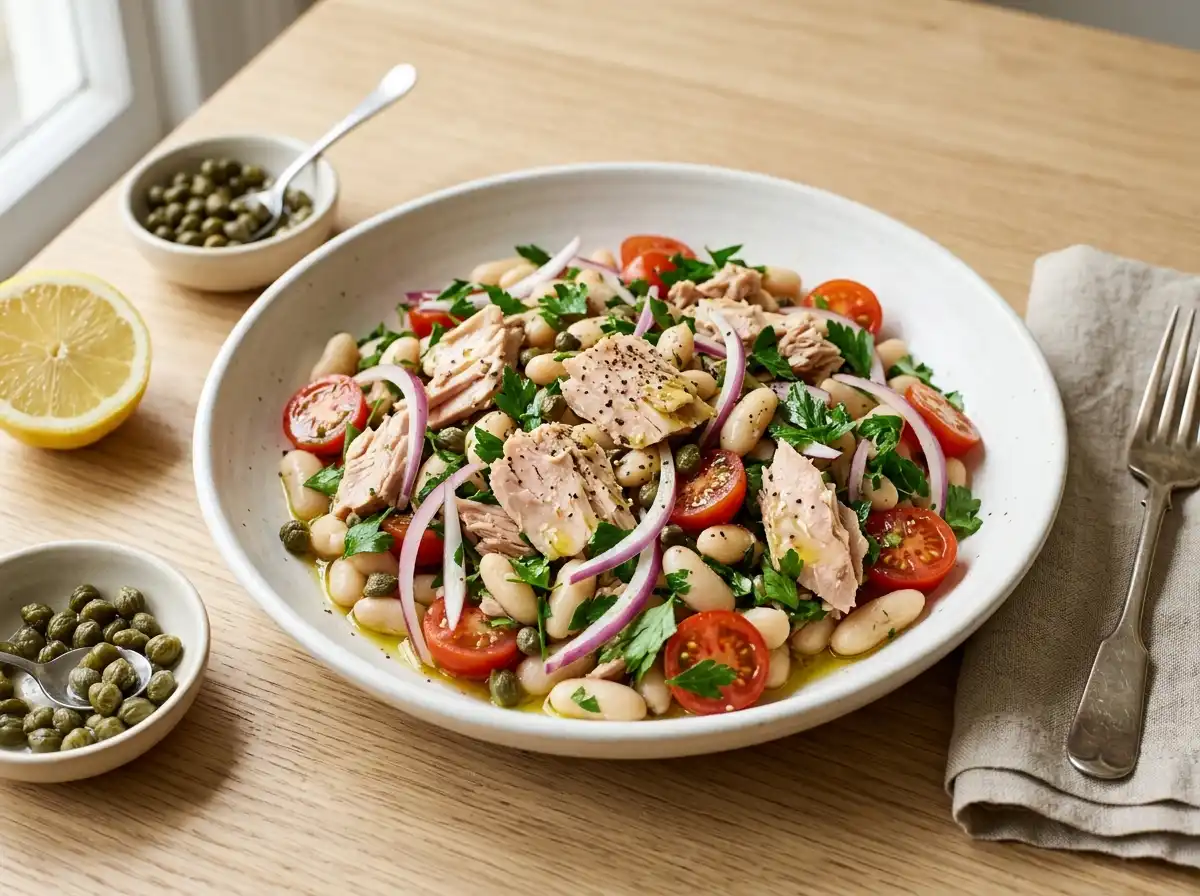 Tuna and white bean salad with cannellini beans, red onion, capers and parsley in a ceramic bowl