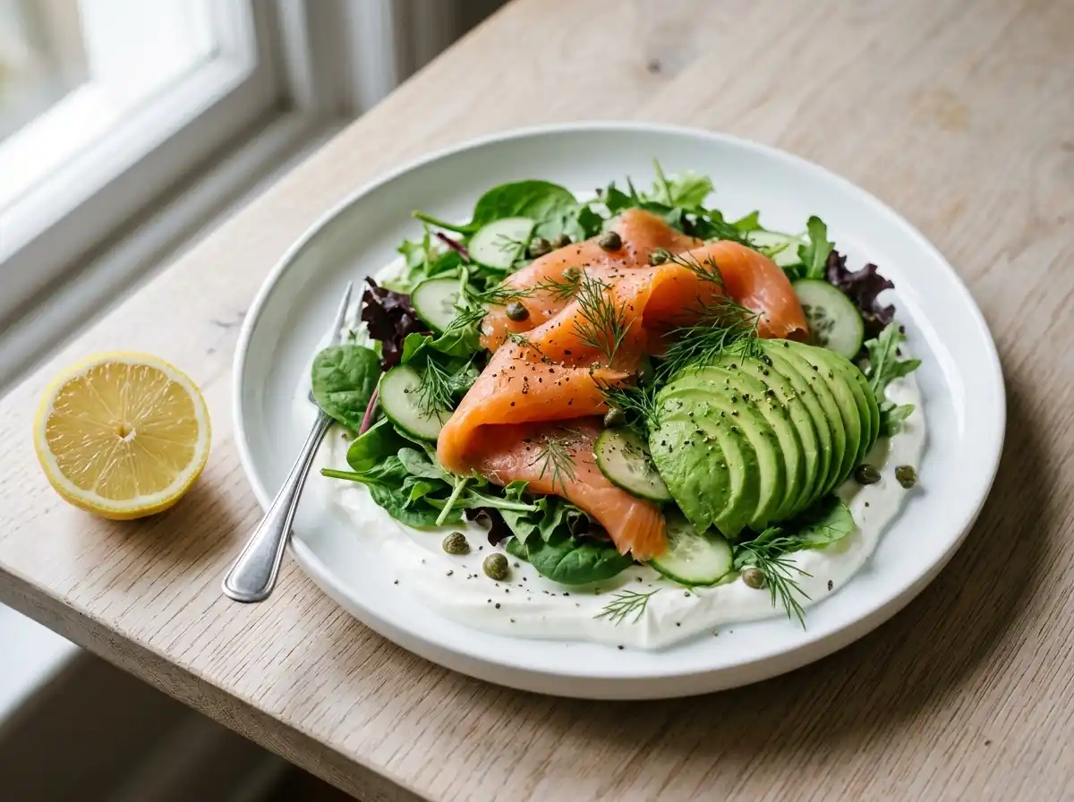 Smoked salmon and avocado salad on a Greek yogurt base with cucumber, capers and dill