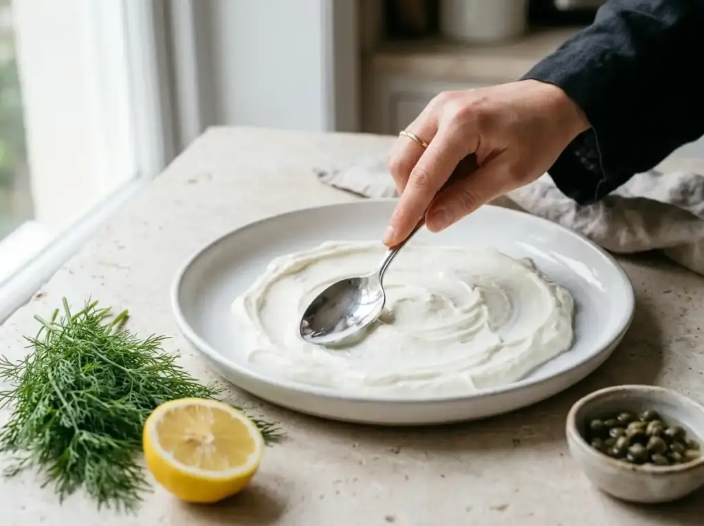 Greek yogurt being spread across a plate as a base for smoked salmon salad
