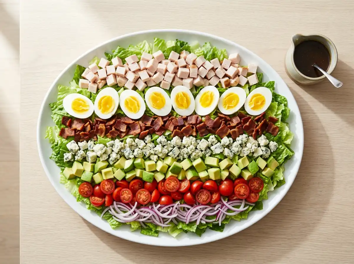 Turkey cobb salad arranged in rows with egg, bacon, blue cheese, avocado and tomatoes over romaine