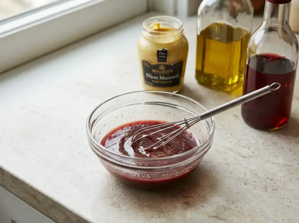 Red wine vinaigrette being whisked with Dijon mustard and olive oil