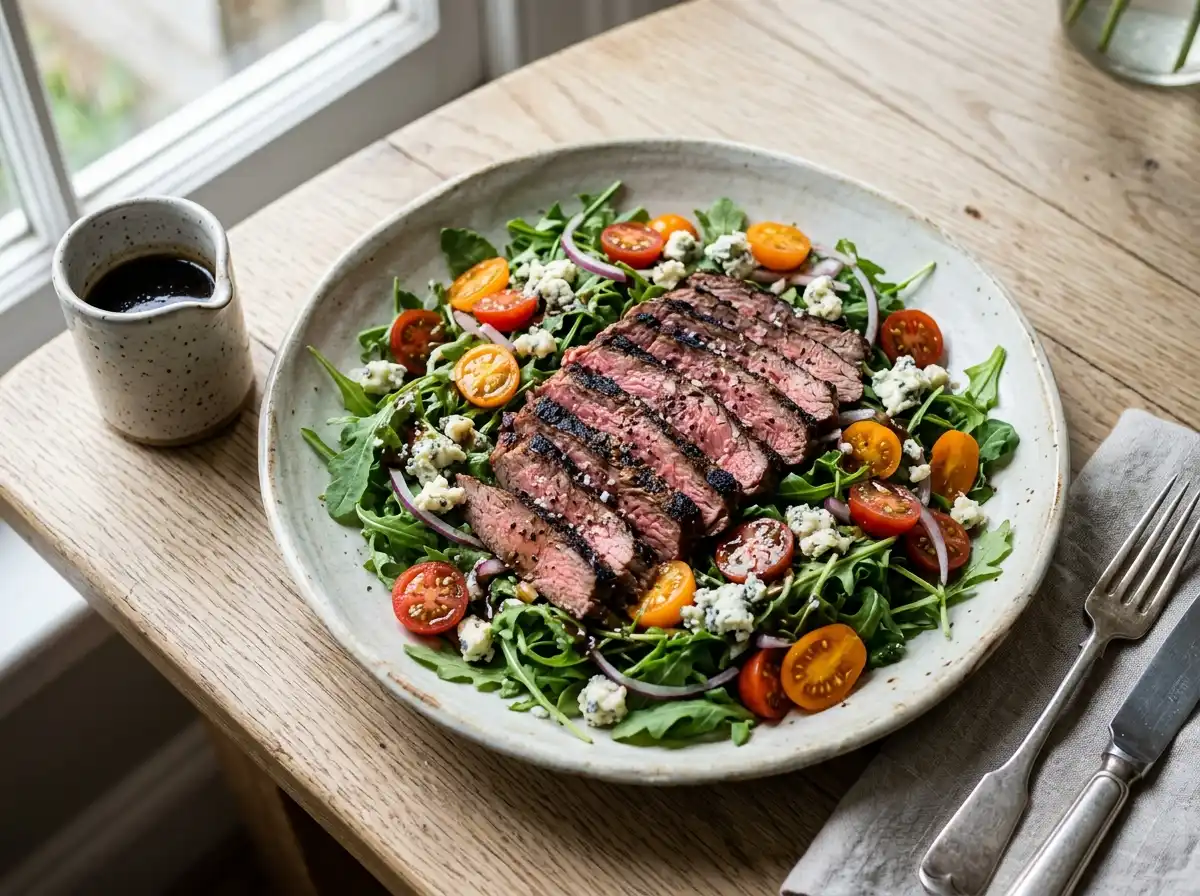 Steak and blue cheese salad with sliced flank steak, arugula, cherry tomatoes and red onion