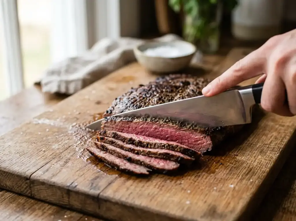 Rested flank steak being sliced thinly against the grain on a wooden board