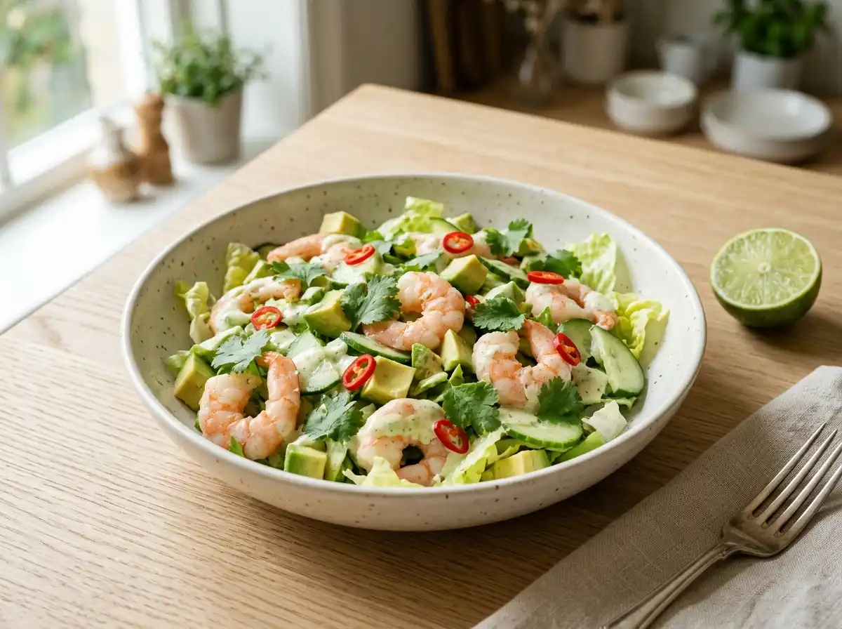 Shrimp and avocado salad with cucumber, lettuce and creamy lime dressing in a ceramic bowl