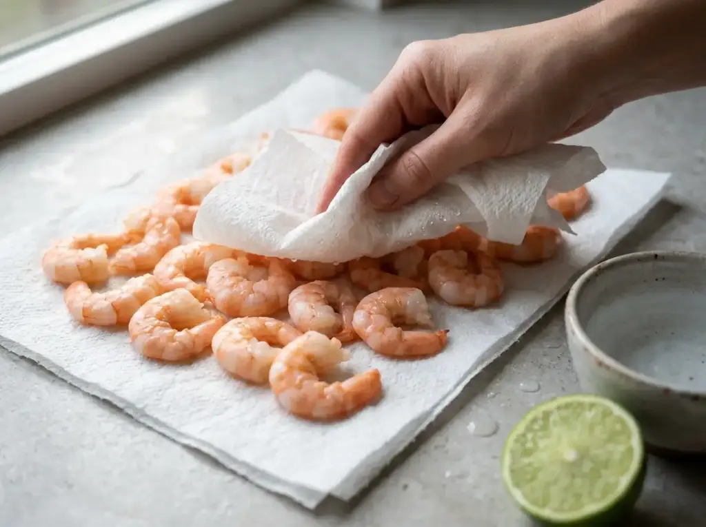 Thawed cooked shrimp being patted dry on paper towels before making salad
