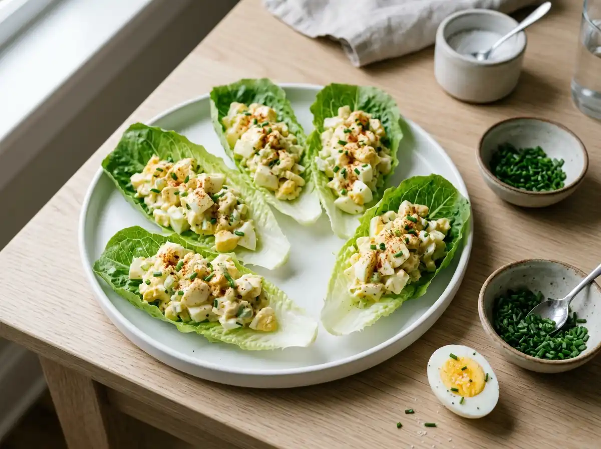 High protein egg salad served in romaine lettuce cups with chives, celery and paprika