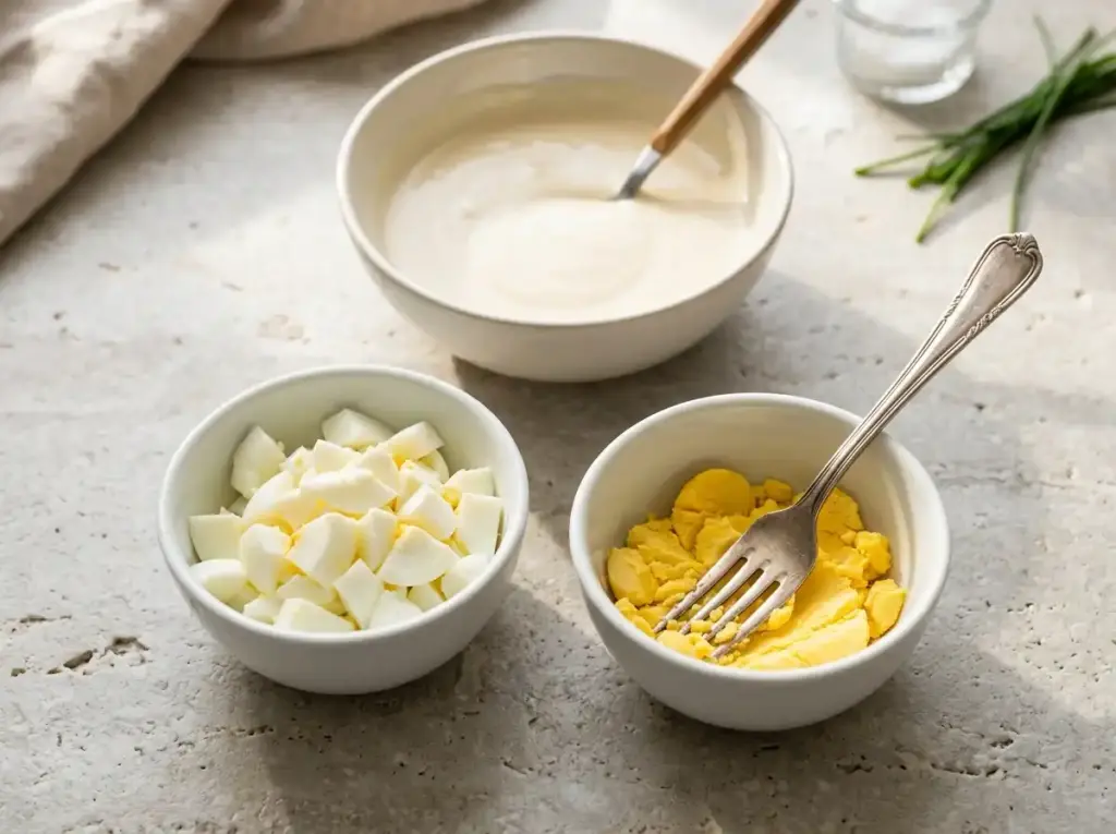 Chopped egg whites and mashed egg yolks in separate bowls beside a smooth cottage cheese dressing