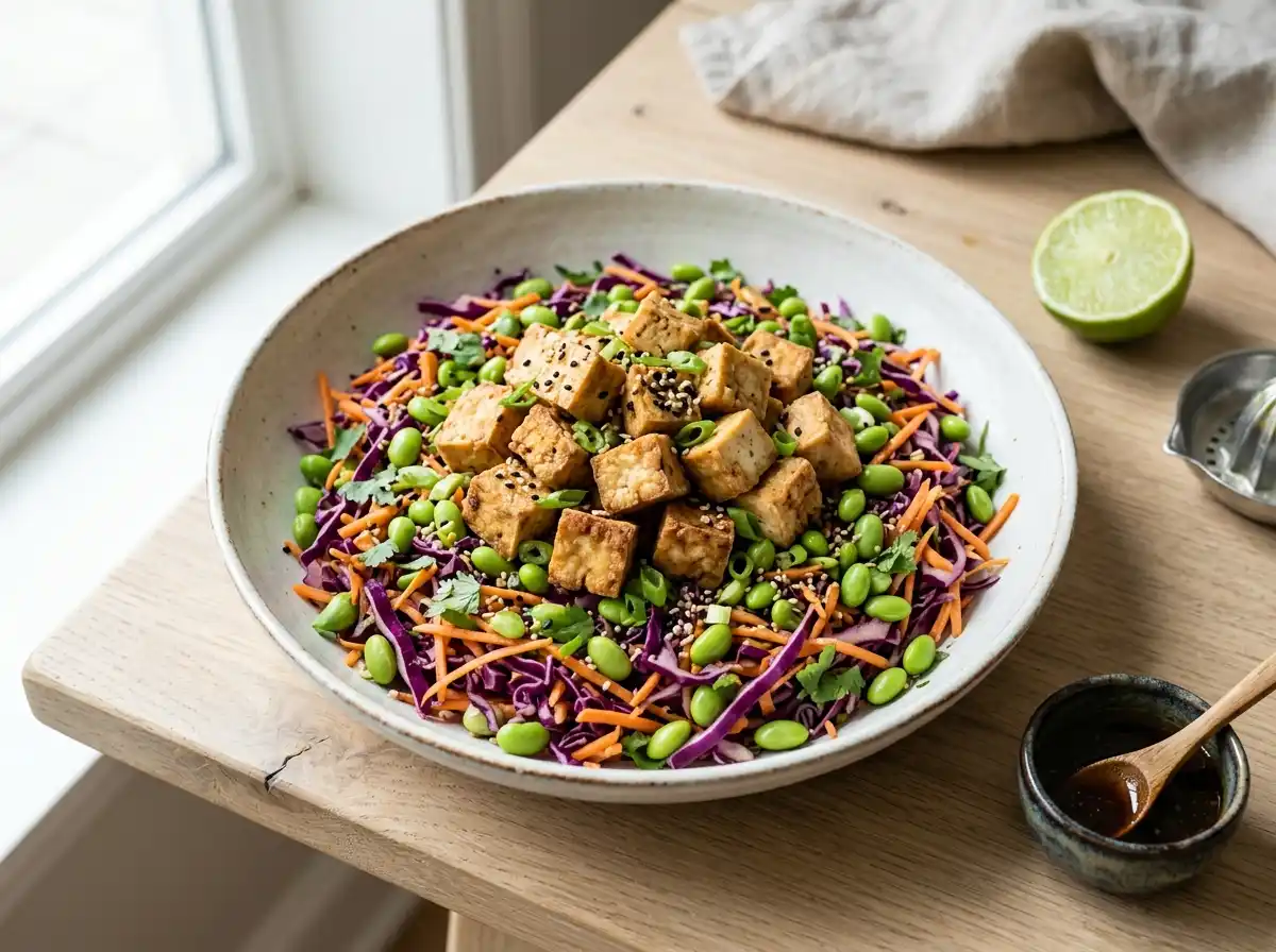 Vegan edamame and crispy tofu salad with red cabbage, carrot and sesame lime dressing