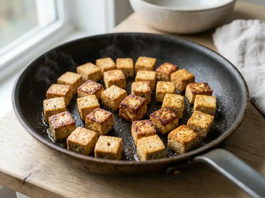 Cubes of firm tofu crisping in a hot dry nonstick pan until golden brown