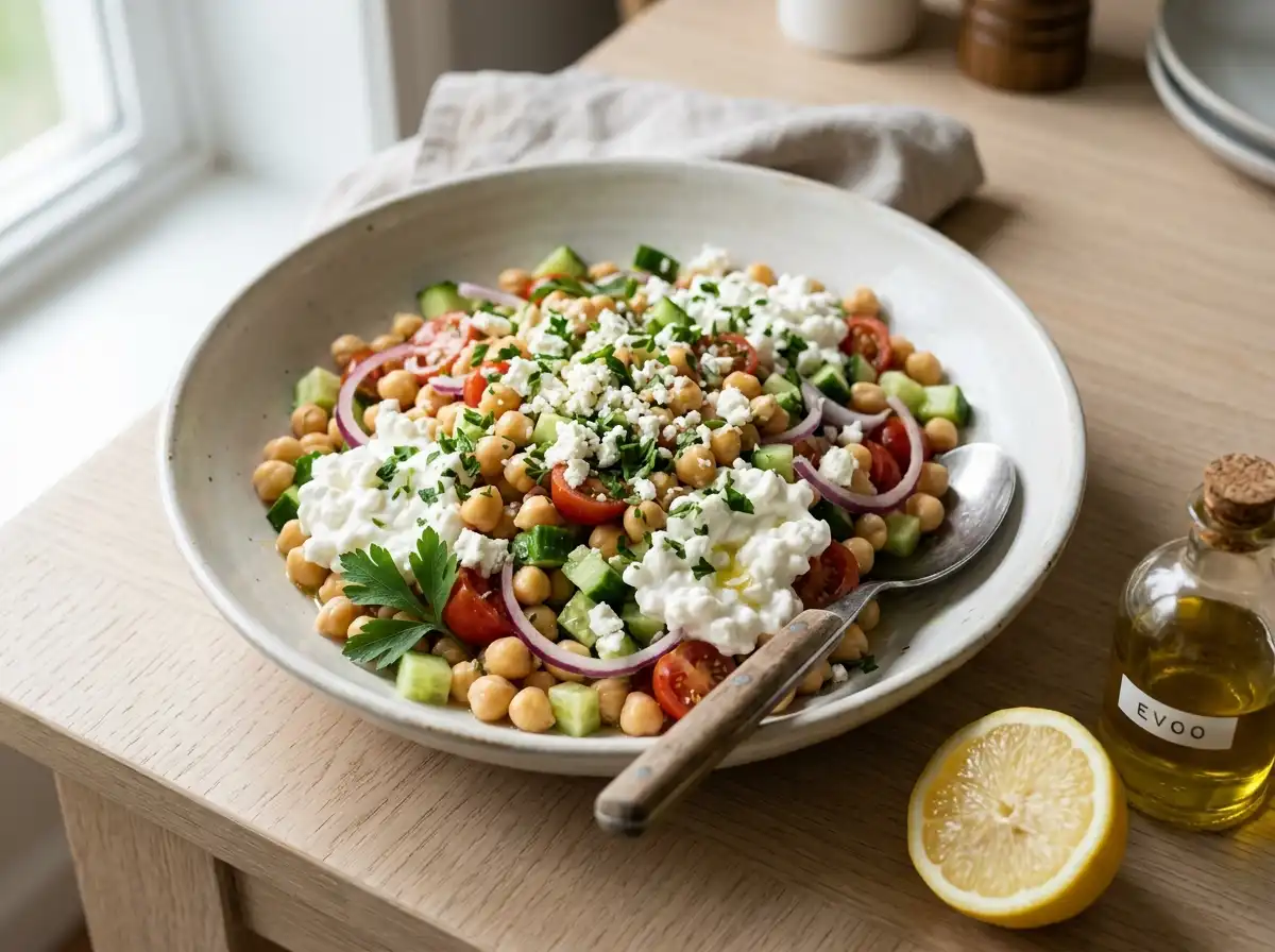 Chickpea and cottage cheese salad with cucumber, cherry tomatoes, feta and parsley in a ceramic bowl
