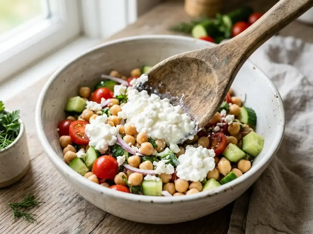 Cottage cheese being folded gently into a chickpea and cucumber salad