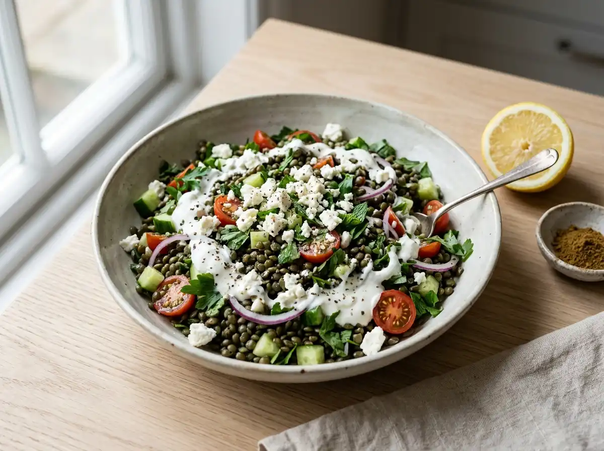 Lentil and feta herb salad with cucumber, tomatoes, parsley and mint in a ceramic bowl