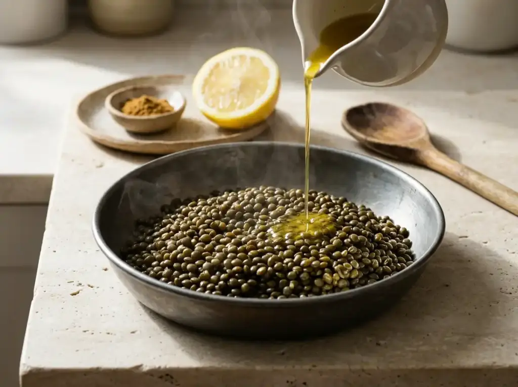 Lemon and cumin dressing being poured over hot cooked lentils