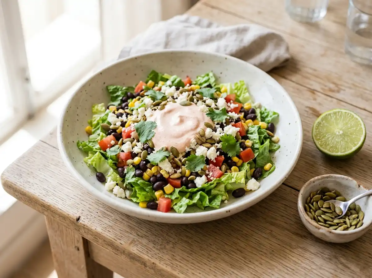 Vegetarian black bean taco salad with corn, tomato, cotija, pepitas and chipotle yogurt crema