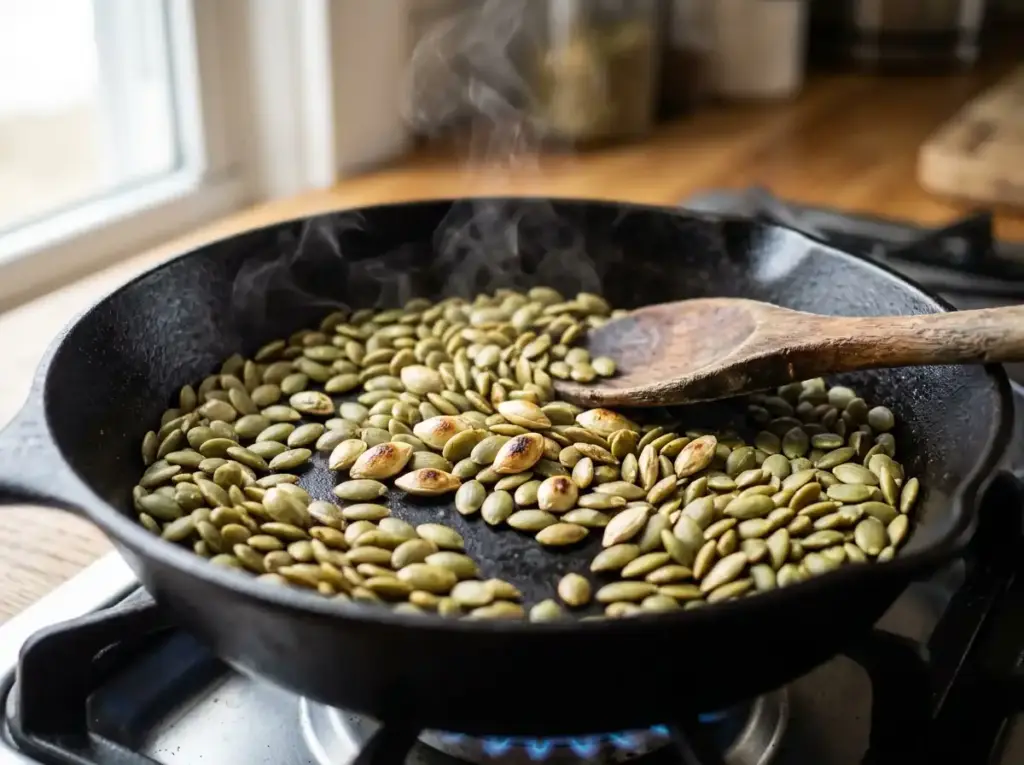 Pepitas toasting in a dry skillet until golden and popping