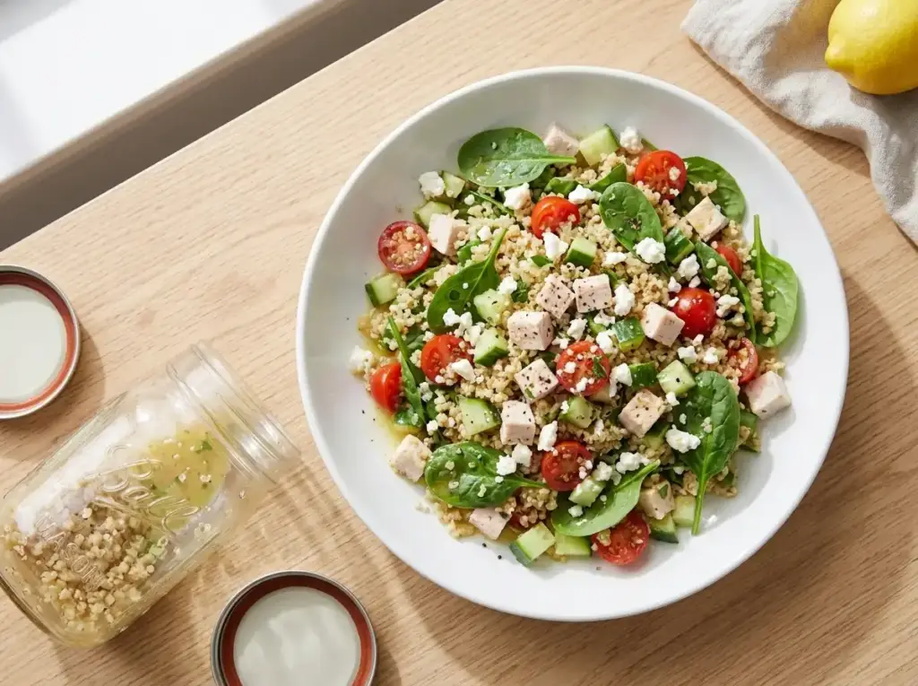 Chicken quinoa jar salad tipped into a bowl and tossed with lemon dressing