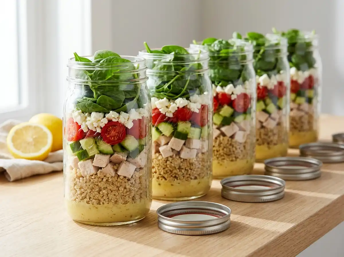 Five mason jar salads layered with quinoa, chicken, cucumber, tomatoes, feta and spinach