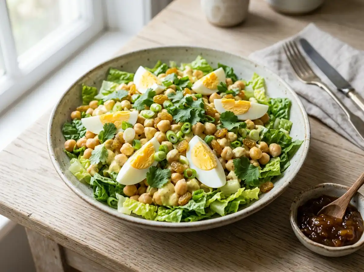 Curried chickpea and egg salad with quartered eggs, golden raisins and cilantro over romaine