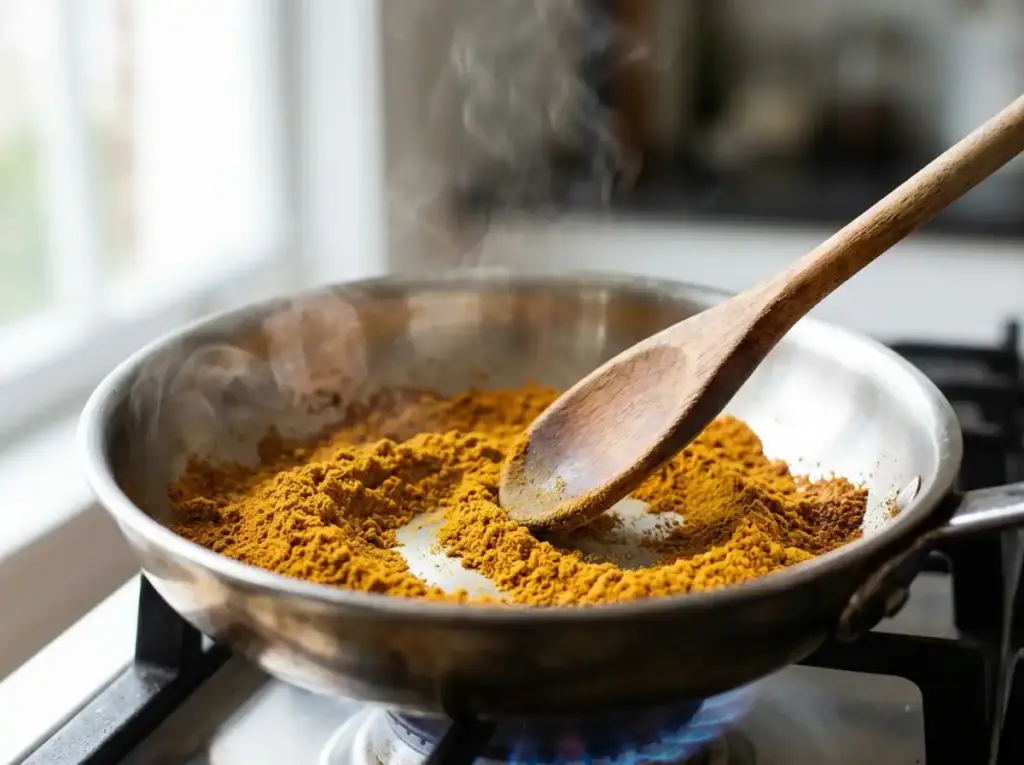 Curry powder being toasted in a small dry pan until fragrant