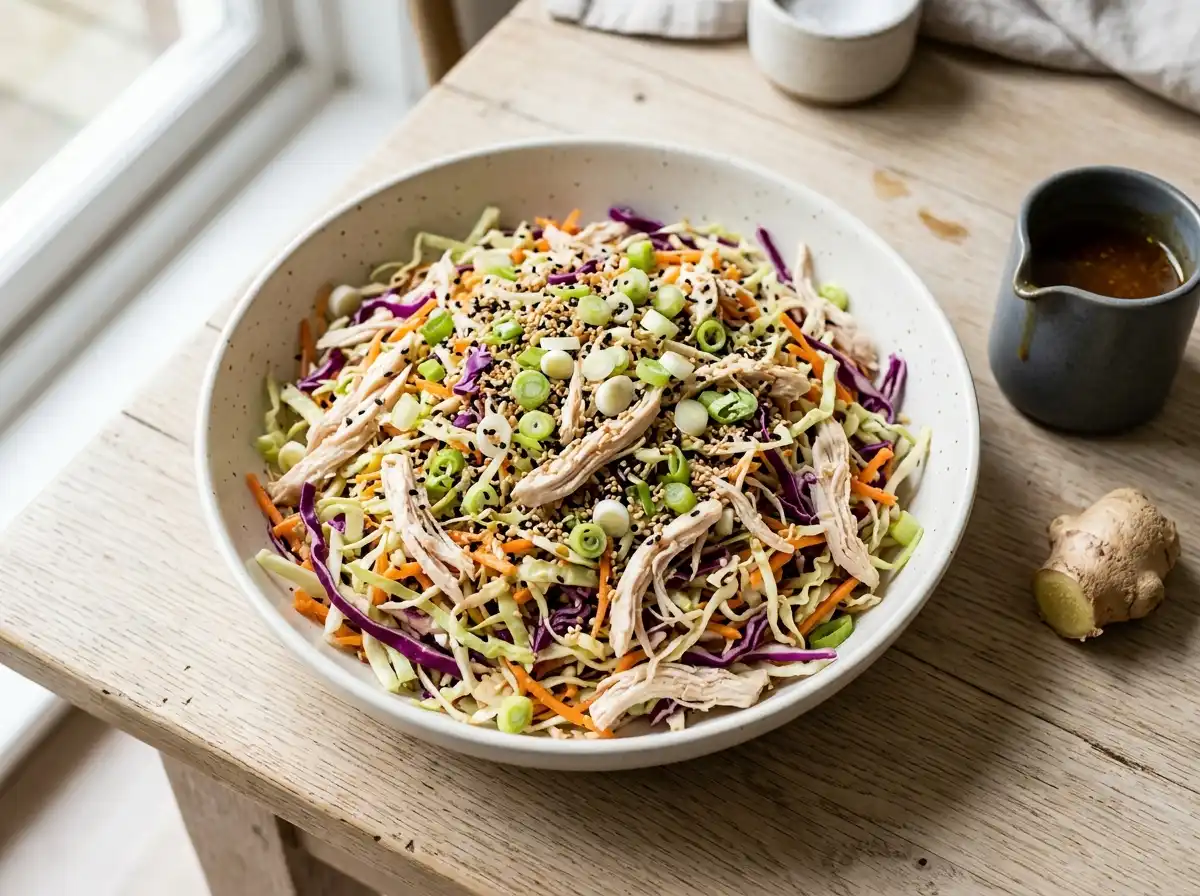 Sesame ginger chicken slaw with shredded green and red cabbage, carrot and toasted sesame seeds