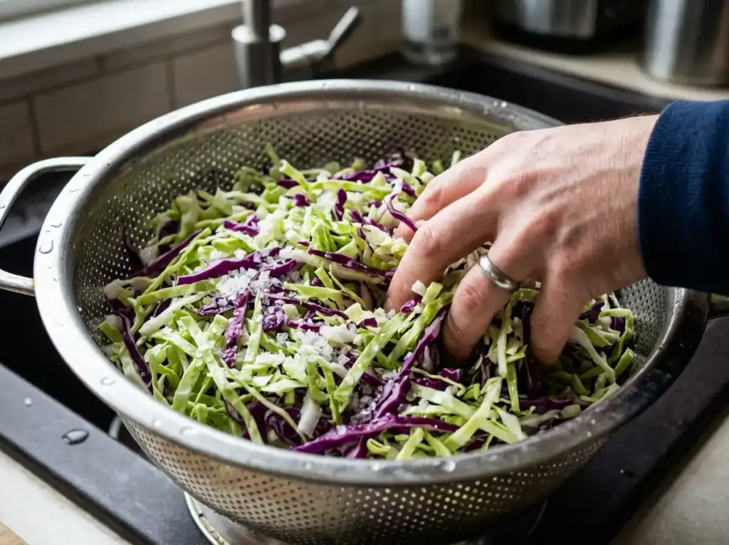 Shredded cabbage salted in a colander to draw out water before making slaw