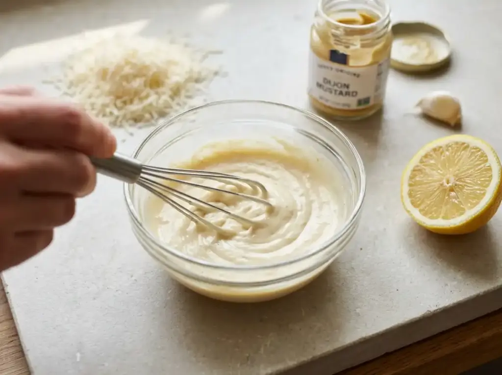 Greek yogurt caesar dressing being whisked with Parmesan, lemon and Dijon