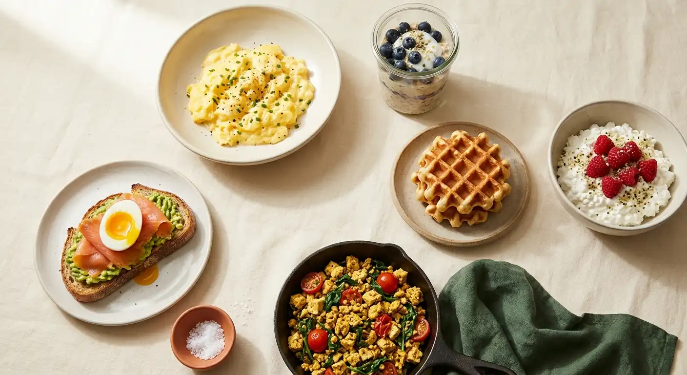 Overhead spread of six high protein breakfast recipes including scrambled eggs, overnight oats, waffles, cottage cheese bowl, salmon toast and tofu scramble