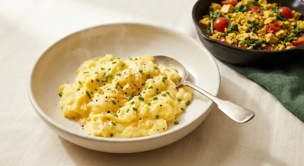 Creamy scrambled eggs with cottage cheese and chives, with a tofu scramble in the background