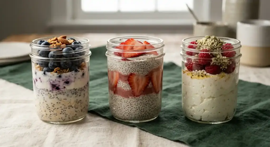 Three glass jars of high protein breakfasts: overnight oats, chia pudding and whipped cottage cheese with berries