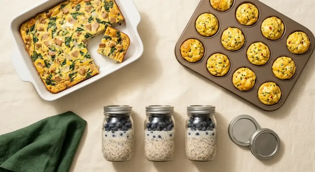 Breakfast meal prep spread with egg casserole, twelve egg bites in a muffin tin and three jars of overnight oats