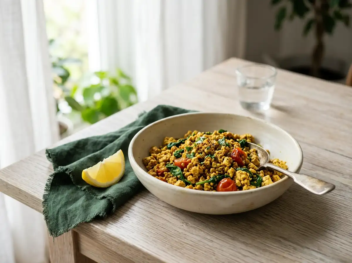 Savory tofu scramble with spinach and cherry tomatoes, golden turmeric colour