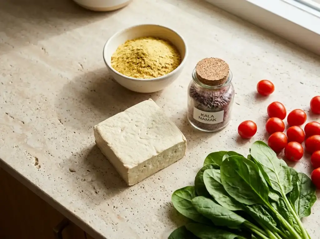 Ingredients for tofu scramble: firm tofu, kala namak, nutritional yeast, spinach and tomatoes