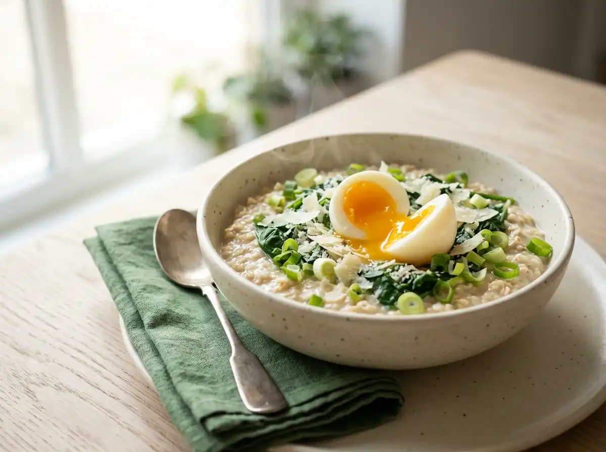 Savory oatmeal topped with a soft-boiled egg, parmesan and spinach