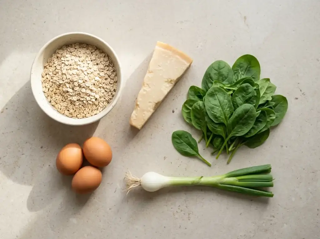 Ingredients for savory oatmeal: rolled oats, eggs, parmesan, spinach and spring onion