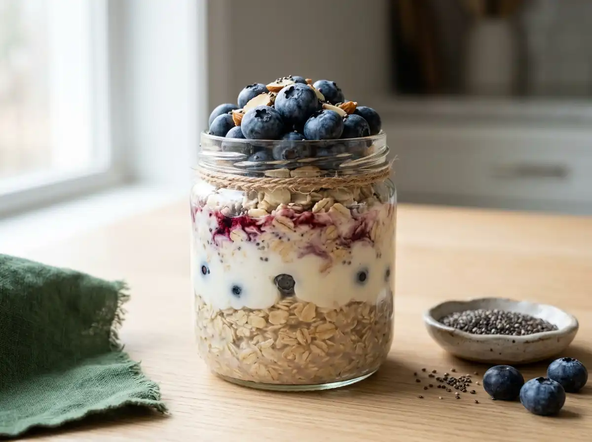 High protein overnight oats with Greek yogurt and chia seeds, topped with blueberries