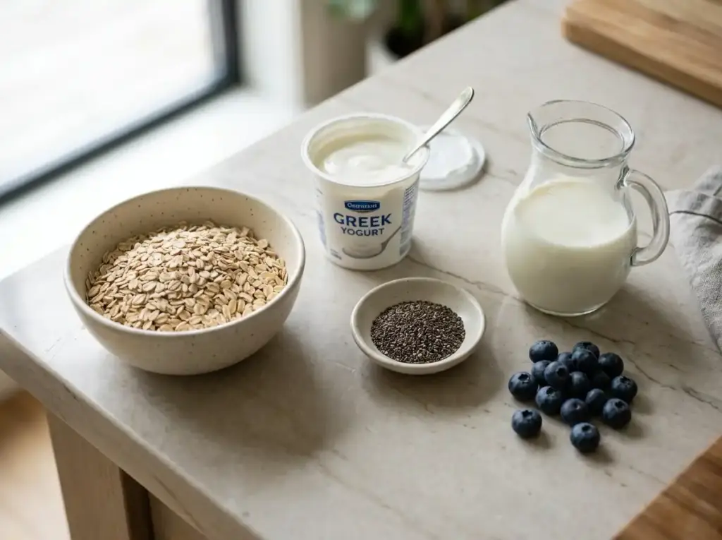 Ingredients for high protein overnight oats: oats, Greek yogurt, chia seeds, milk and blueberries
