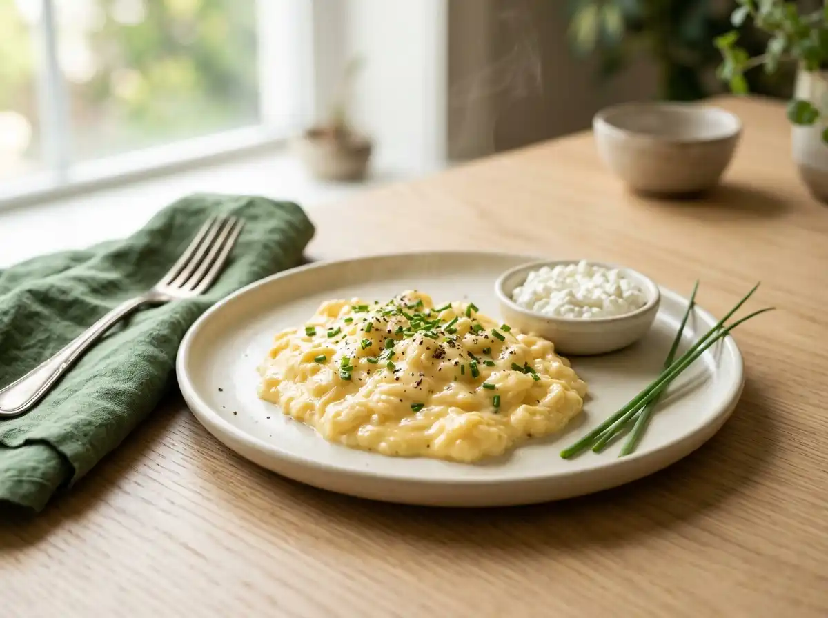Soft scrambled eggs with cottage cheese and chives on a cream plate