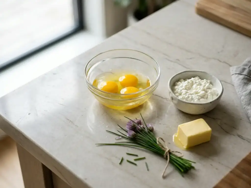 Eggs, cottage cheese, butter and chives before blending for scrambled eggs