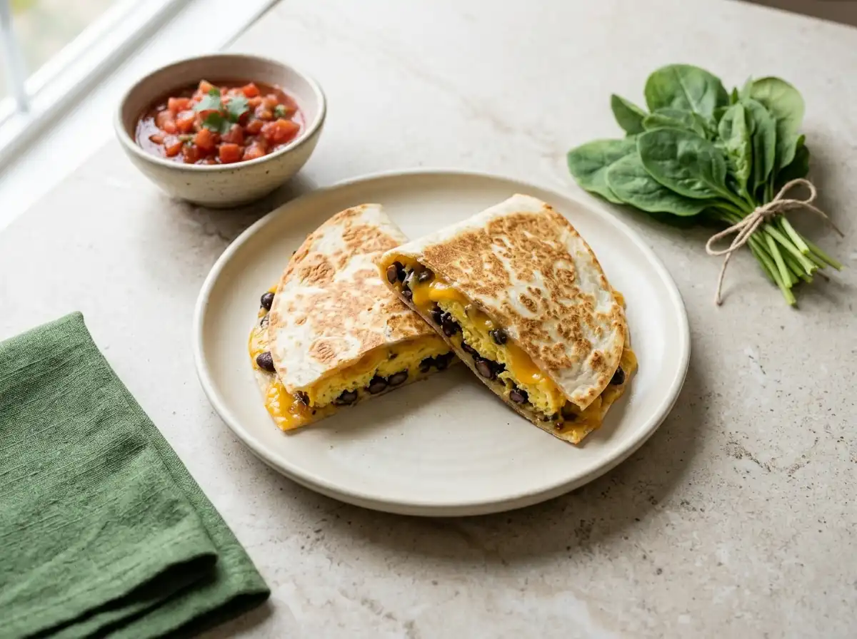 Black bean and egg breakfast quesadilla cut in half, showing scrambled egg and melted cheddar, with salsa for dipping