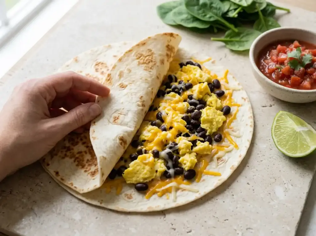 Breakfast quesadilla filling of scrambled egg, black beans and cheddar being folded into a tortilla