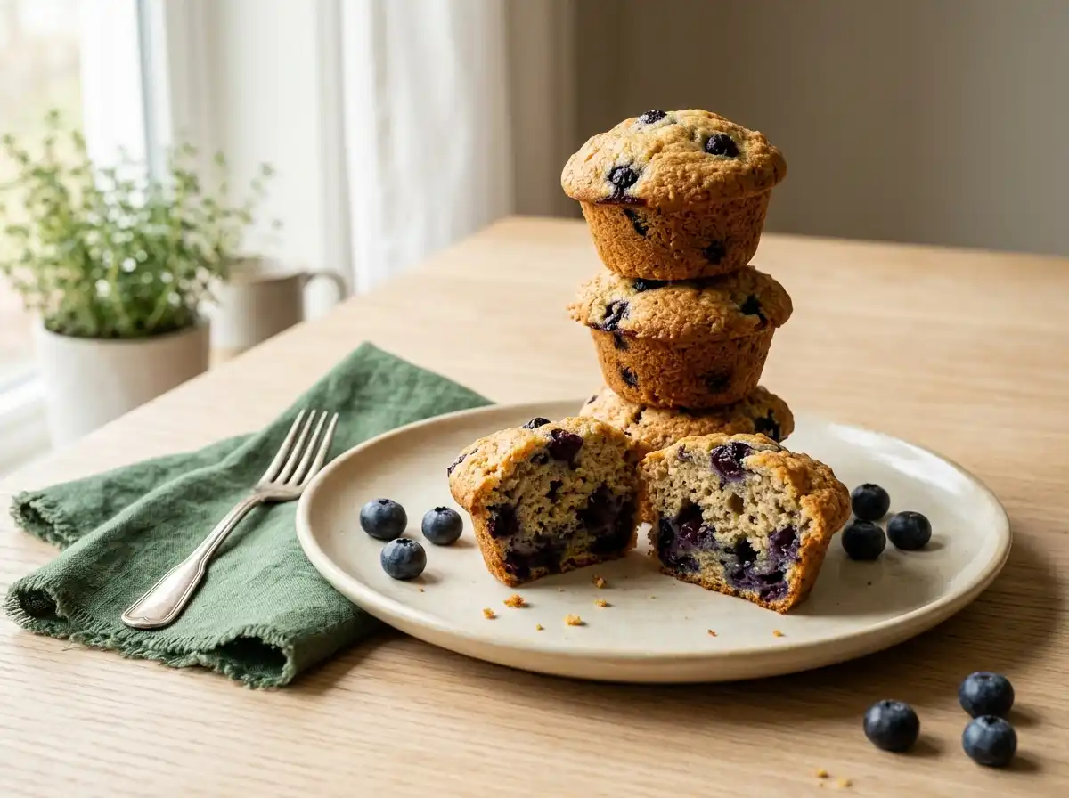 High protein cottage cheese oat muffins with blueberries, one broken open showing the moist crumb