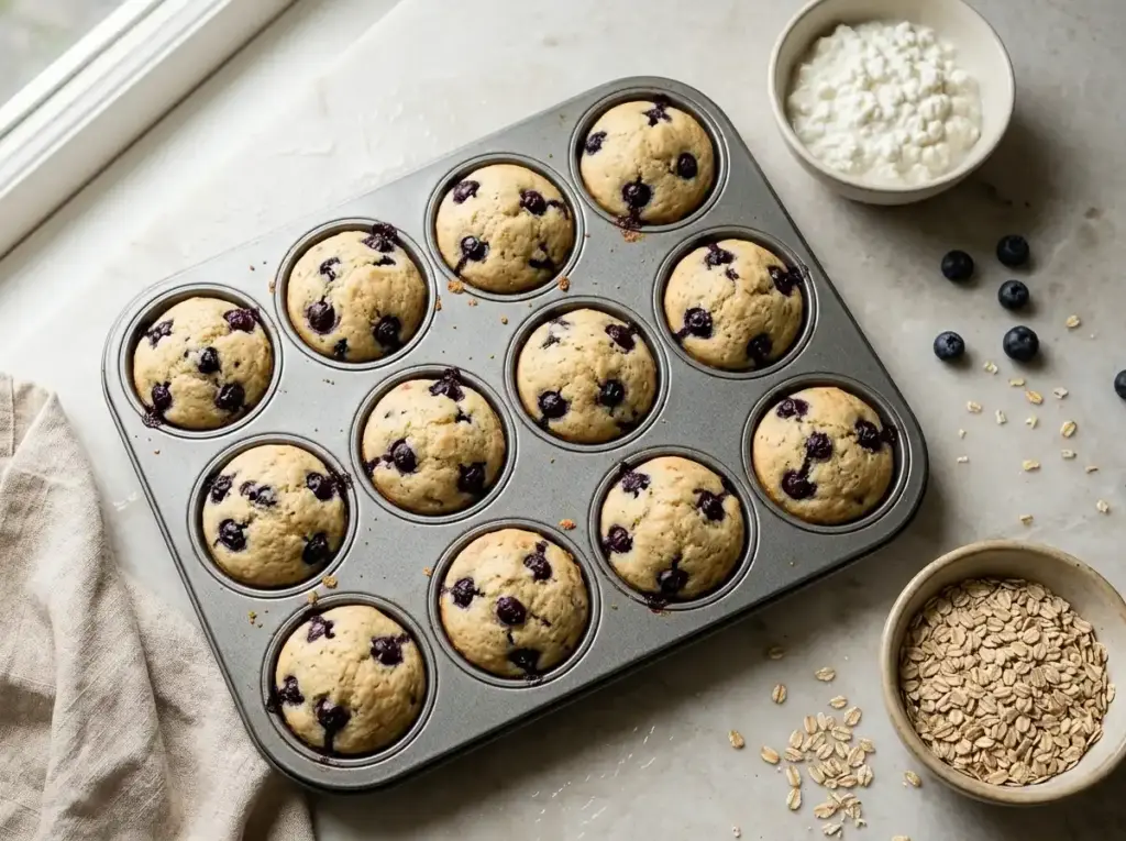 Muffin tin of freshly baked high protein muffins beside cottage cheese and rolled oats