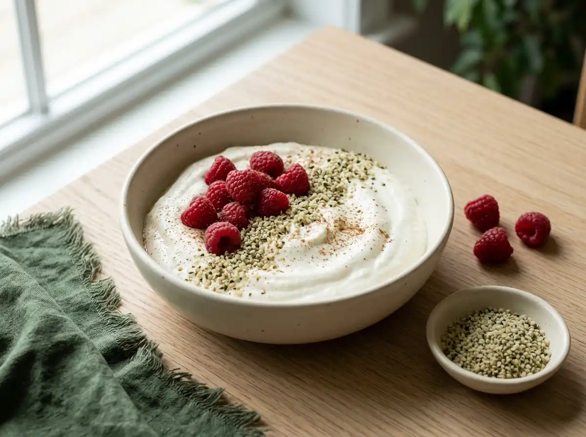 Whipped cottage cheese breakfast bowl topped with raspberries and hemp seeds