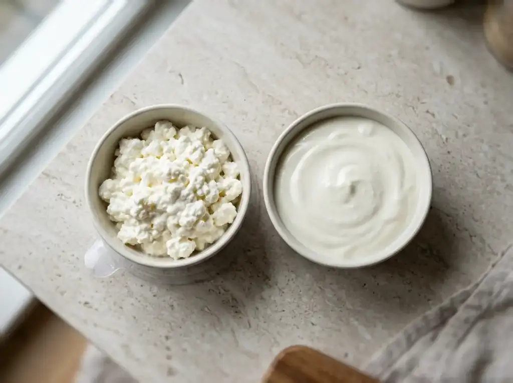 Cottage cheese before and after blending, showing the texture change from curdy to smooth