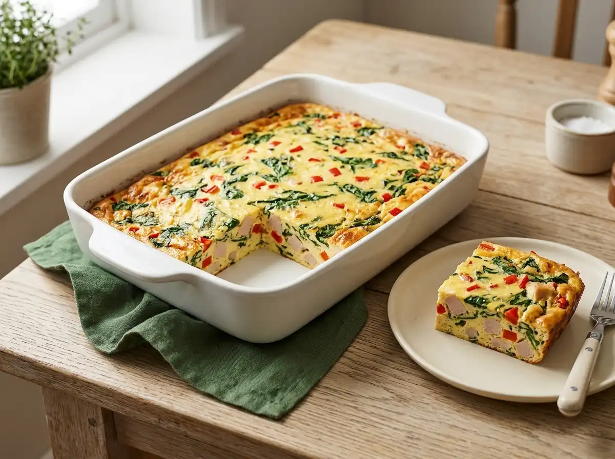 High protein breakfast casserole in a white baking dish with one square lifted out showing the set egg custard