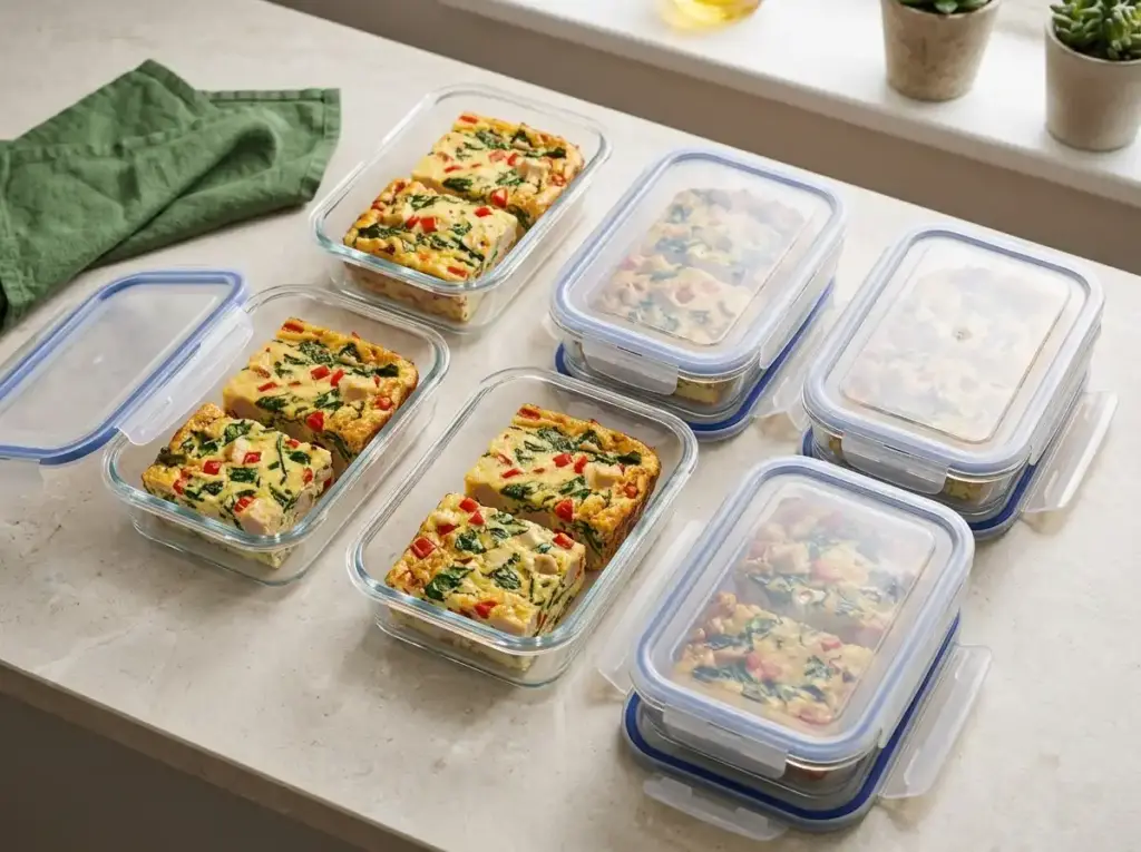 Six portions of breakfast casserole in glass meal prep containers with lids beside them